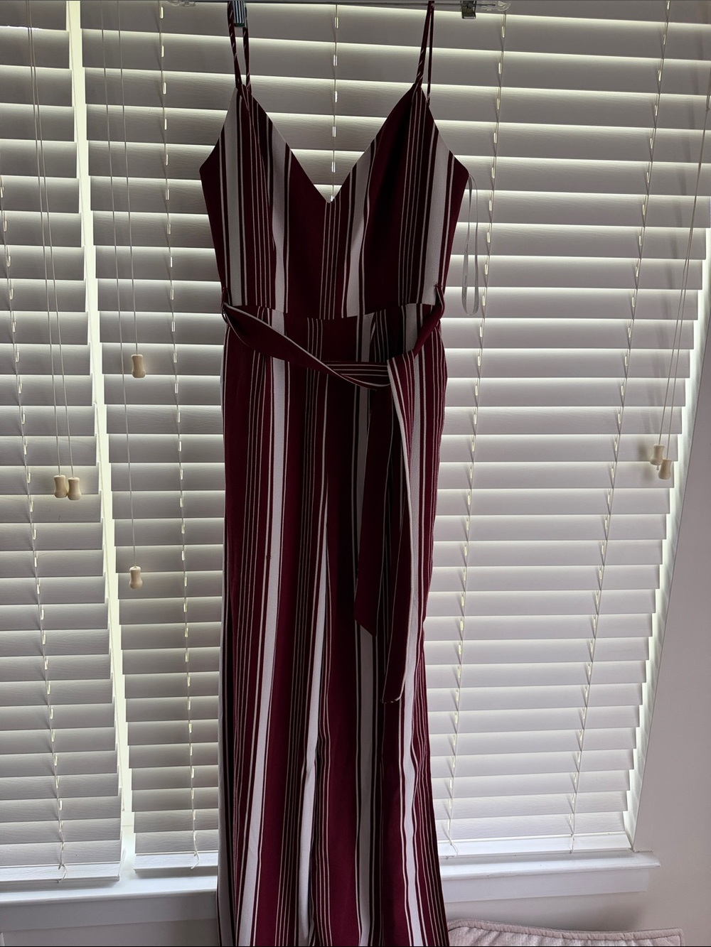 Lovers + Friends Burgundy & White Striped Spaghetti-Strap Jumpsuit